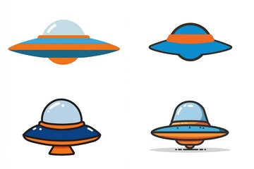 Four cartoon-style UFOs, different colors, floating on a white background