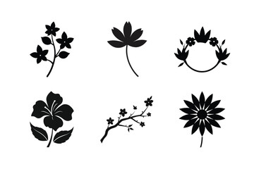 Collection of six black silhouettes of flowers and leaves on a white background