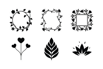 Collection of six black silhouettes of flowers and leaves on a white background