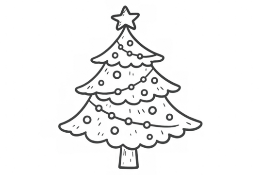 Hand-drawn christmas tree sketch featuring star, baubles, and lights, isolated on transparent background, perfect for festive designs