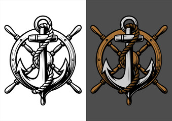 Vintage Nautical Anchor with Ship Wheel and Rope - Black and White Vector Illustration