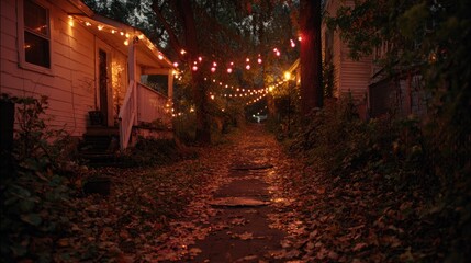 Autumnal alleyway lit with fairy lights