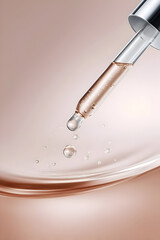 A macro shot of a cosmetic dropper releasing rich, bubbly serum drops onto a soft beige surface. Luxurious, scientific, and perfect for premium skincare.