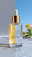 A split image of a serum bottle with golden oil and clear liquid, reflecting different scenes: a solid surface and rippled water under a blue sky with flowers.