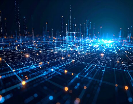 Abstract visualization of artificial intelligence algorithms in glowing circuits