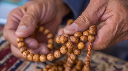 Hands holding wooden prayer beads