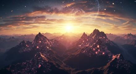 Sunrise over alien mountains
