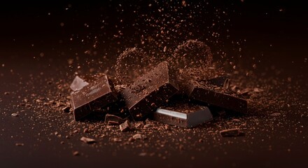 Dark chocolate chunks and powder exploding on a rich brown background, creating a delicious spectacle