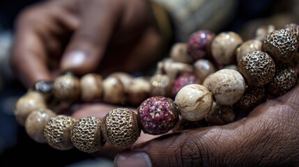 Hands holding a beaded necklace