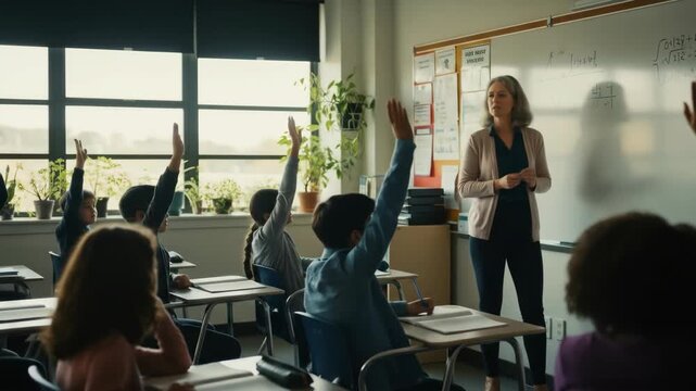Diverse Students Participate in Math Lesson Bright Classroom