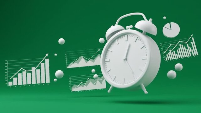 A white alarm clock floats amidst charts and orbs on a green backdrop, signifying time management and business concepts