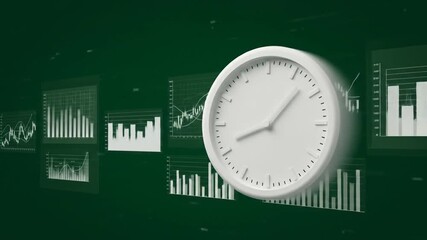 A white clock moves past data charts, highlighting the concept of time-sensitive analysis against a dark green backdrop - Powered by Adobe
