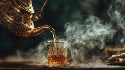 Golden tea pot pouring steaming tea into a glass