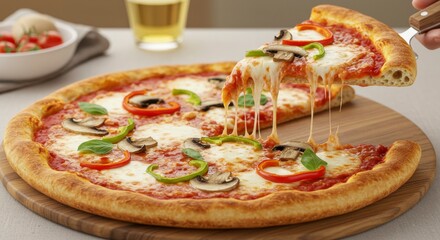 Delicious pizza with melted cheese, mushrooms, bell peppers, and basil. A slice is being lifted