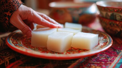 Hand reaching for white cubes on a decorated plate