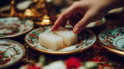 Hand reaching for rice cakes on ornate plate