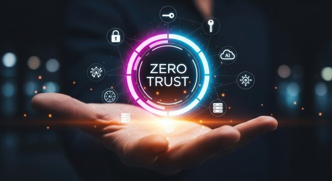 Digital zero trust security concept presented on an open hand with neon ring