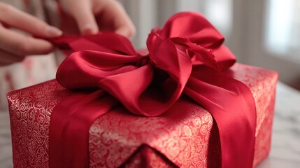 Hands tying a red ribbon on a gift box