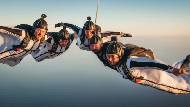 Five Wingsuit Flyers in Formation During a High-Altitude Skydive