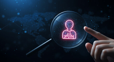 Target audience analysis and customer segmentation concept. Magnifying glass focusing on a digital user profile for marketing and CRM on a global data network.