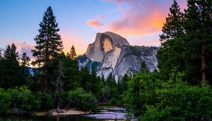 Majestic mountain peak at sunset over a serene lake in a forest