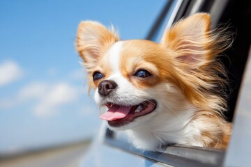 A small, long-haired chihuahua enjoys a car ride with its head out the window, tongue out, against blue sky.