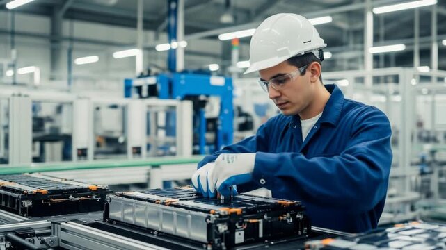 Focused Male Technician Assembling Electric Vehicle Battery in Modern Factory