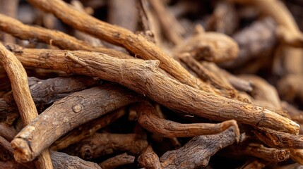 Fototapeta premium Dried Roots Close Up: A Detailed Macro Photograph of a Pile of Brown Herbal Roots