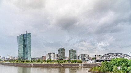 Frankfurt skyline featuring the modern ECB headquarters skyscraper timelapse. Frankfurt am Main, Germany