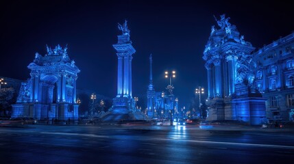 Fototapeta premium Night illumination of the Triumphal Arch and Columns in the city of Kyiv, Ukraine