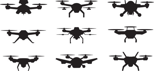 Silhouette Drone Icons Set Unmanned Aerial Vehicle UAV Quadcopter Remote Control Technology