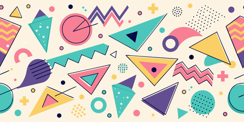 A playful and vibrant retro pattern with abstract geometric shapes like triangles, zig-zags, circles, and dots in a pastel color palette reminiscent of 80s and 90s design.