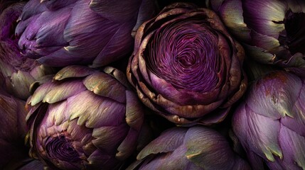 Obraz premium Close-Up of Deep Purple Artichokes: A Luxurious Still Life
