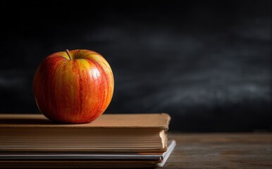 Red Yellow Apple on Books with Chalkboard Background, Natural Light Texture for Education Minimalist Design