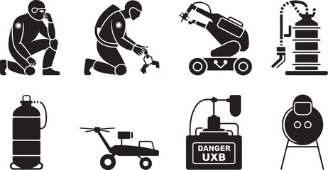 Silhouette of Hazardous Material Personnel and Equipment on Transparent Background Vector