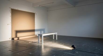 A stark studio with a rolled backdrop, a white bench, and a spotlight on the floor.