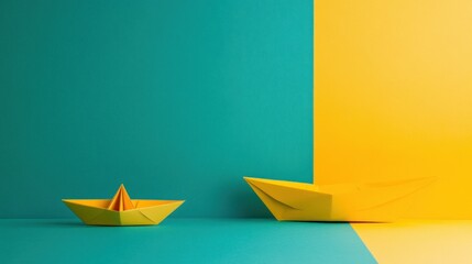 Origami paper boat against teal and yellow background