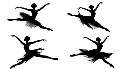 Ballet silhouettes showing dancer poses jumps, leg extensions, skirt flowing