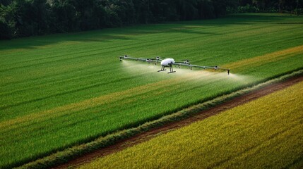 Fototapeta premium Agricultural drones spraying nutrients over wide rice field in action