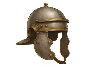 Illustration of a roman helmet, featuring metallic details and cheek guards, isolated on a transparent background