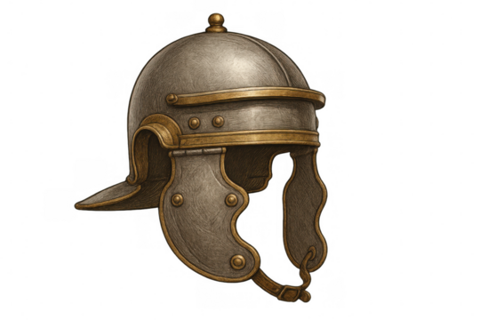 Illustration of a roman helmet, featuring metallic details and cheek guards, isolated on a transparent background