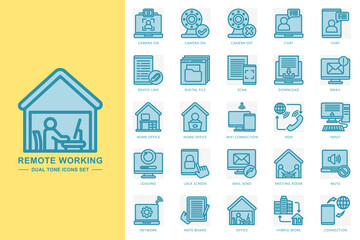 Remote working blue color icons set. contain app camera on, chat, scan, download, email, home office, network, input and more. Vector for modern concept, print, UI, UX kit, web and app development.