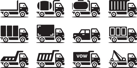 Trucks Collection Black Silhouette on Transparent Background Vector Illustration