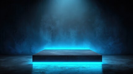 Stunning photo of background podium 3D light neon blue platform stage product abstract. Scene background 3D podium dark pedestal room glow studio empty stand floor night modern.