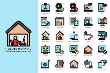 Remote working outline color icons set. contain app camera on, chat, scan, download, email, home office, network, input and more. Vector for modern concept, print, UI, UX kit, web and app development.