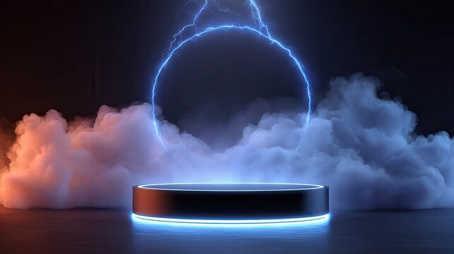 Round advertise podium with a neon lightning and clouds of steam around on the dark background.