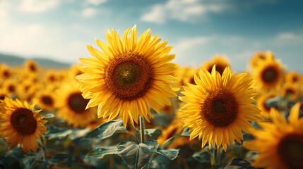 Fototapeta premium Vibrant Field of Sunflowers Under Blue Sky with Soft Clouds and Lush Green Leaves