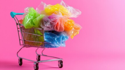 Tiny shopping cart overflowing with colorful plastic bags on bold pink background