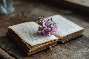 Cherished writing on open notebook with a flower on a wooden surface