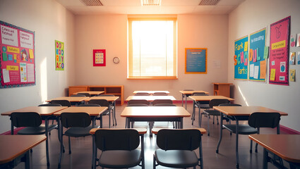 Fototapeta premium A bright school classroom interior, empty and organized with rows of desks and chairs lit by window sunlight.
